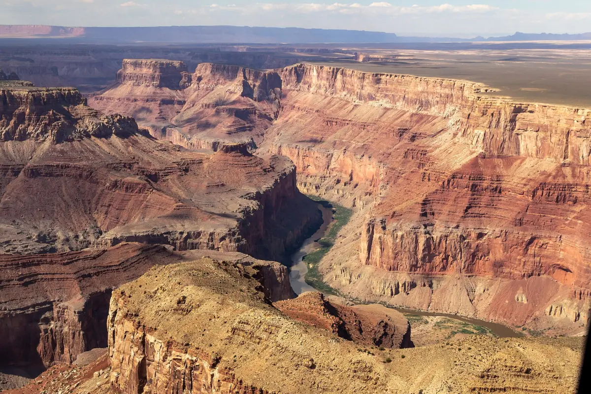 Aerial view of the Grand Canyon and the Colorado River north of Grand Canyon Village