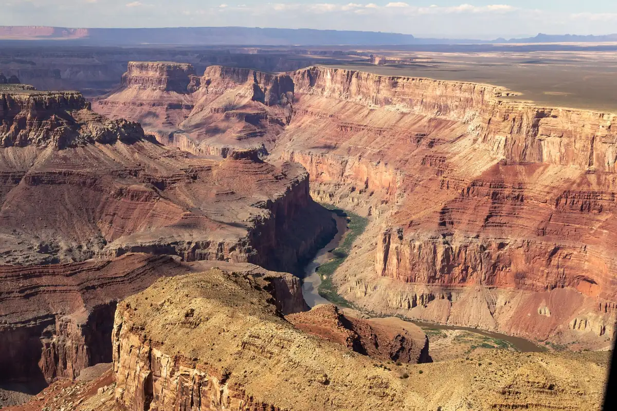 Aerial view of the Grand Canyon and the Colorado River north of Grand Canyon Village